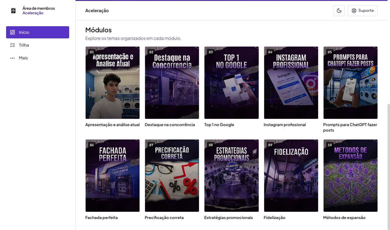Captura real da área de membros da Aceleração com os dez módulos visíveis